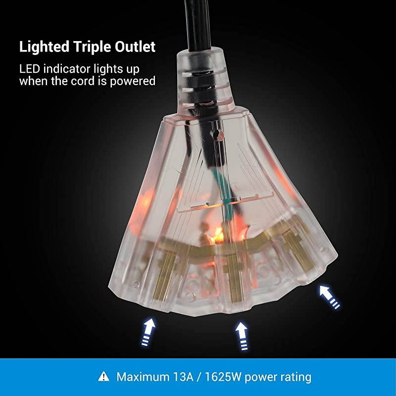 Retractable Extension Cord Reel 50 FT Heavy Duty Power Cord 14AWG3C SJTOW 3 Grounded Outlets Lighted Triple Tap 13 Amp Circuit Breaker UL Listed