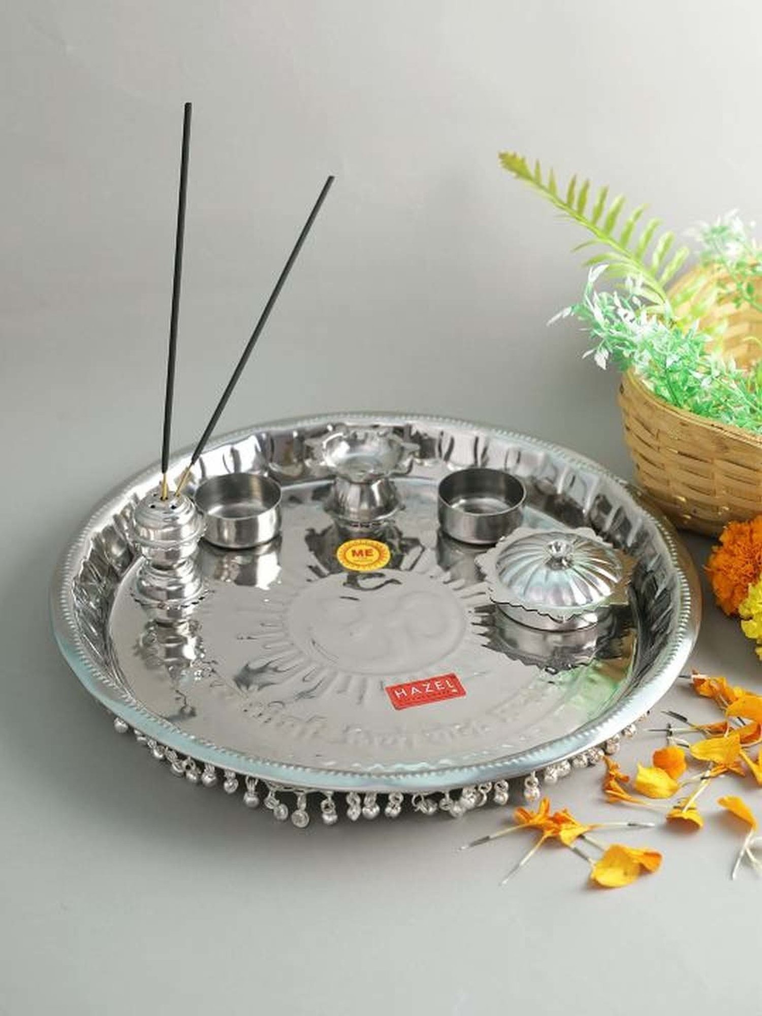 HAZEL Silver Stainless Steel Gungroo Pooja Thali