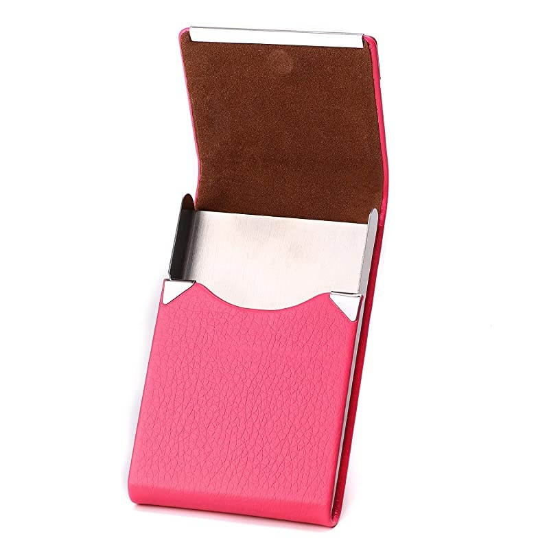 Leather Business Card Holder for Women Leather Stainless Steel Business Card Case with Magnetic Shut Rose Red
