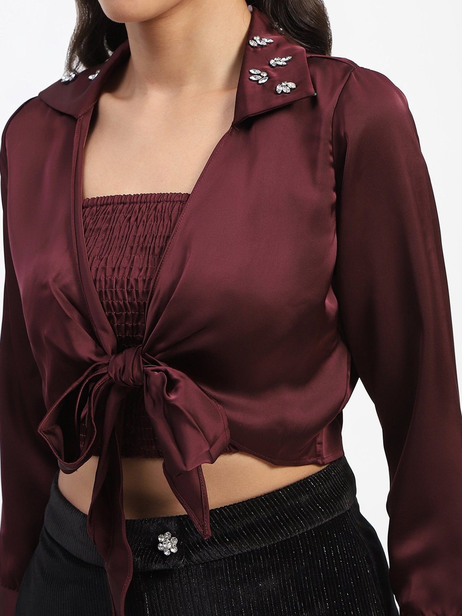 MADAME Maroon Embellished Crop Top