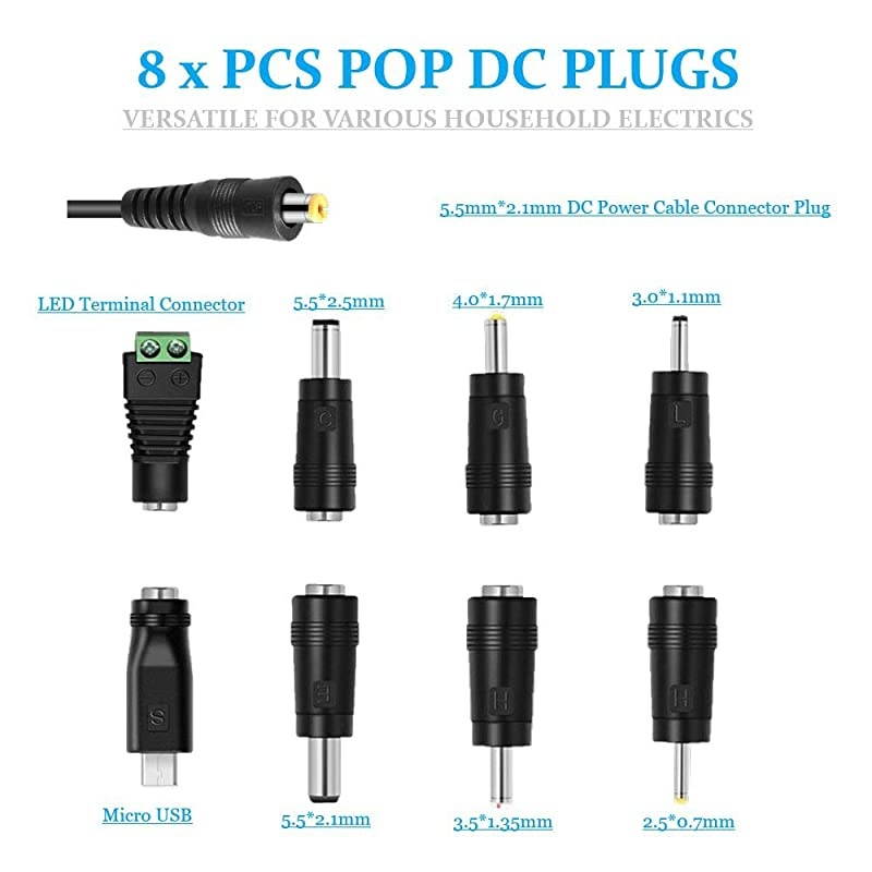 12W Universal AC DC Adapter 3V 45V 5V 6V 75V 9V 12V Multi Voltage Switching Power Supply Cord for Household Electronics LED Light Strip CCTV IP Camera Router Bluetooth Speaker Hub Smartphone