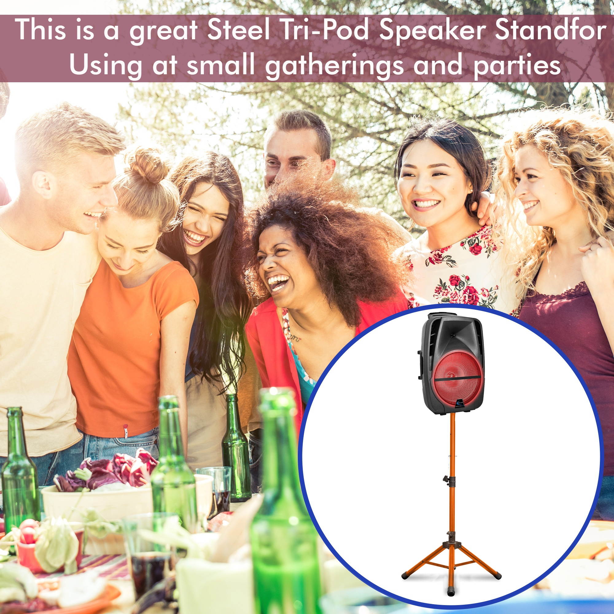 Technical Pro Professional Iron Steel Orange Tri-Pod Speaker Stand with Plastic Feet, 40 lbs Capacity, Adjustable Height (2 Packs)