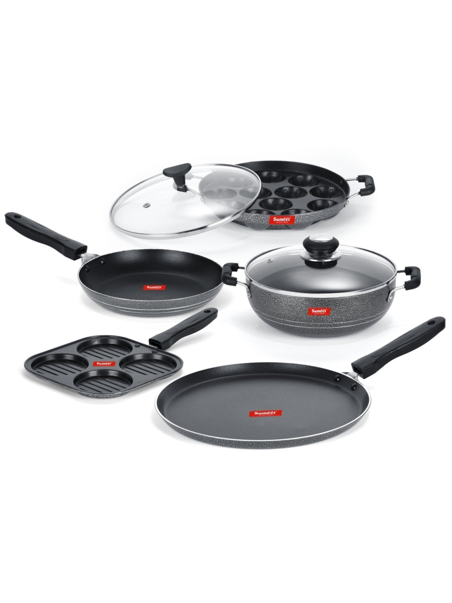 Sumeet NonStick Cookware Set-Dosa Tawa+Snack Maker+Kadhai &GlassLid+Appam Patra &GlassLid+Tapper pan