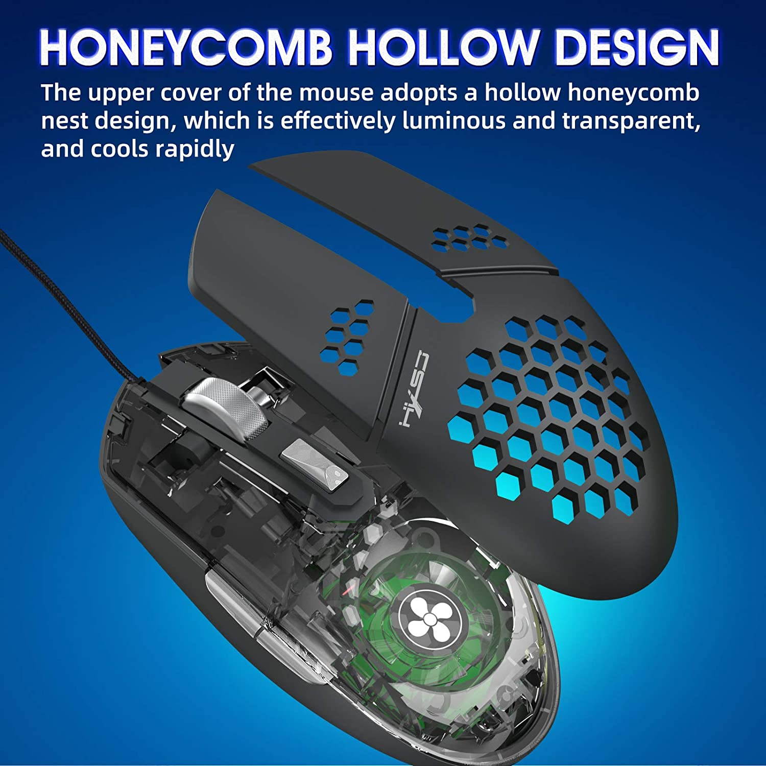 Gaming Mouse USB Wired, Programmable Fan Cooling Gaming Mice, Ultra-Lightweight Unique Design, Hexagonal Honeycomb Shell Design, Cool RGB Lighting, 6 Buttons, up to 8000 DPI (Black)