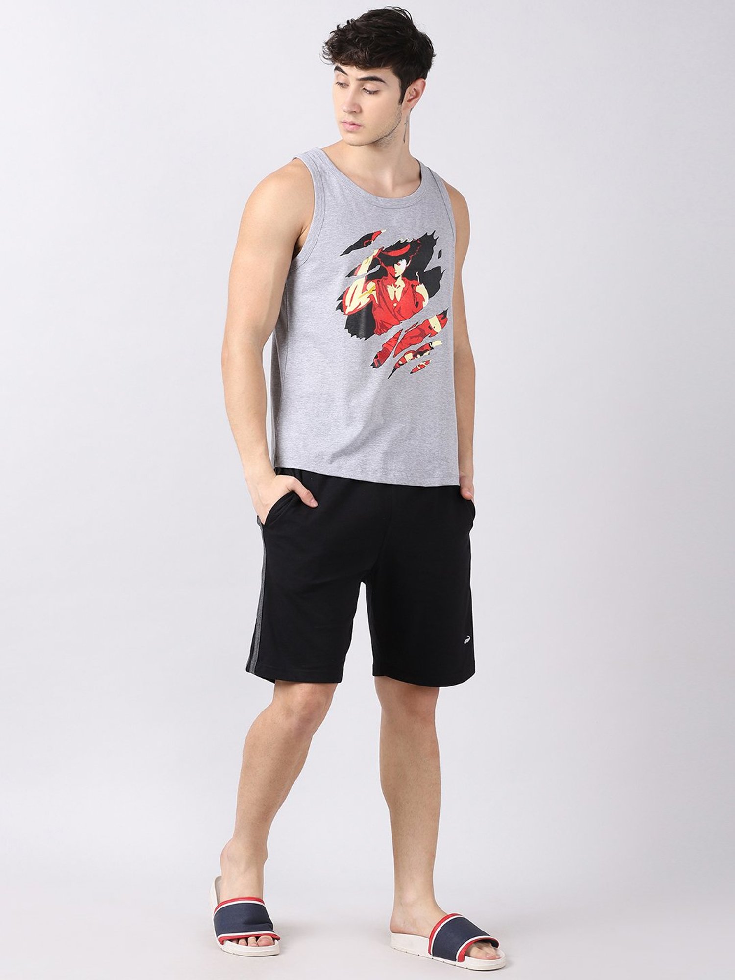 Bushirt Anime Dark Grey Printed Cotton Vest