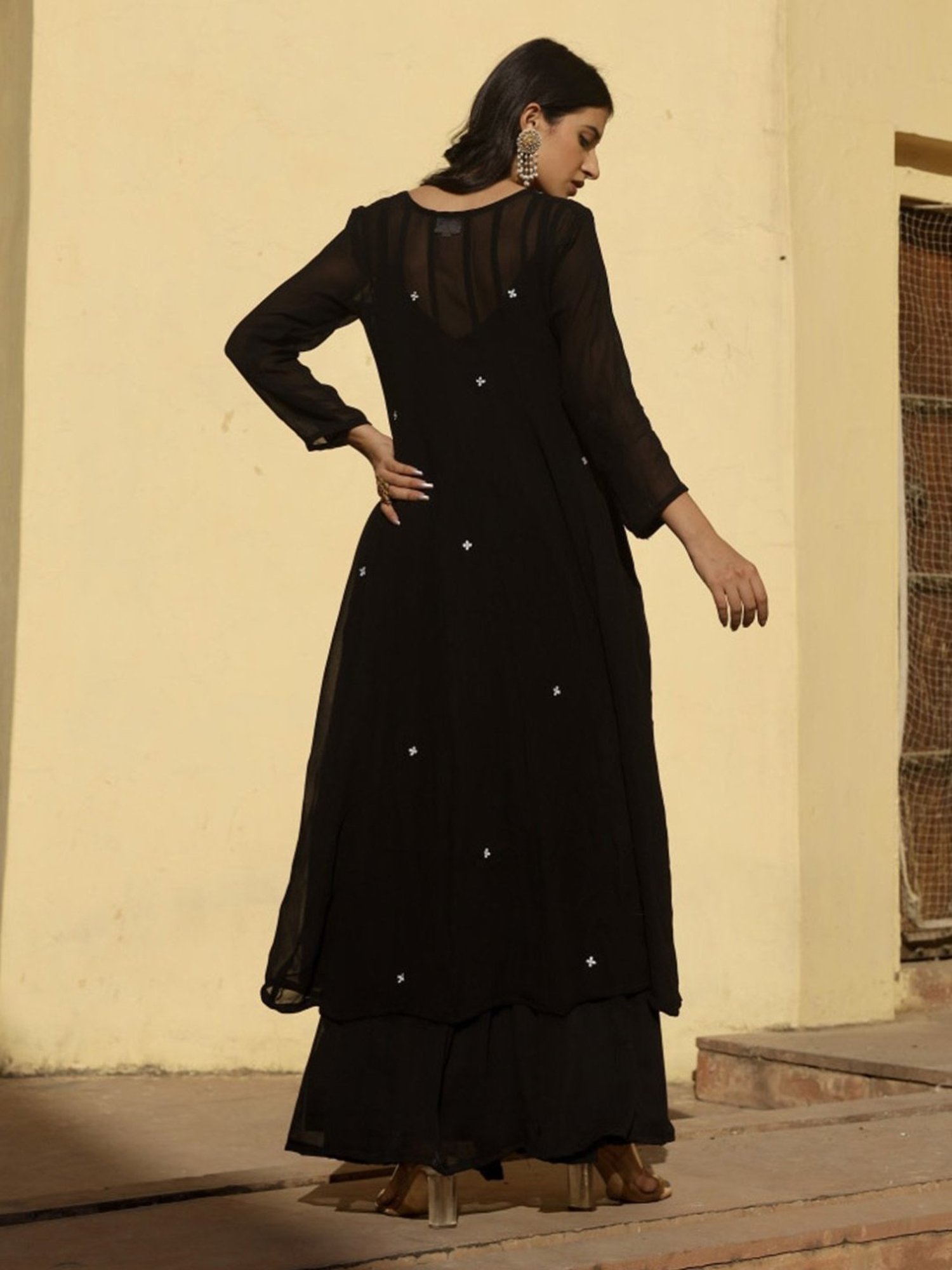 Asrumo Black Georgette White Dot Anarkali Set