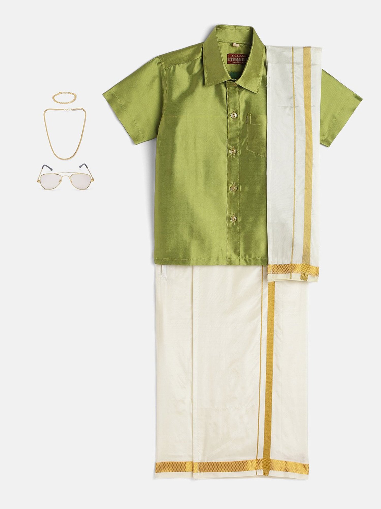 THANGAMAGAN Kids Olive & Cream Solid  Shirt,  Dhoti,  Towel With  Freebies Set
