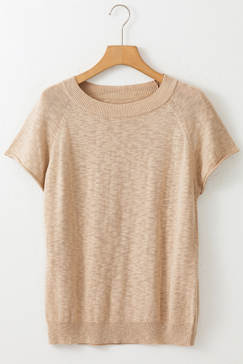 Smoke Gray Round Neck Short Raglan Sleeve Knitted T-shirt