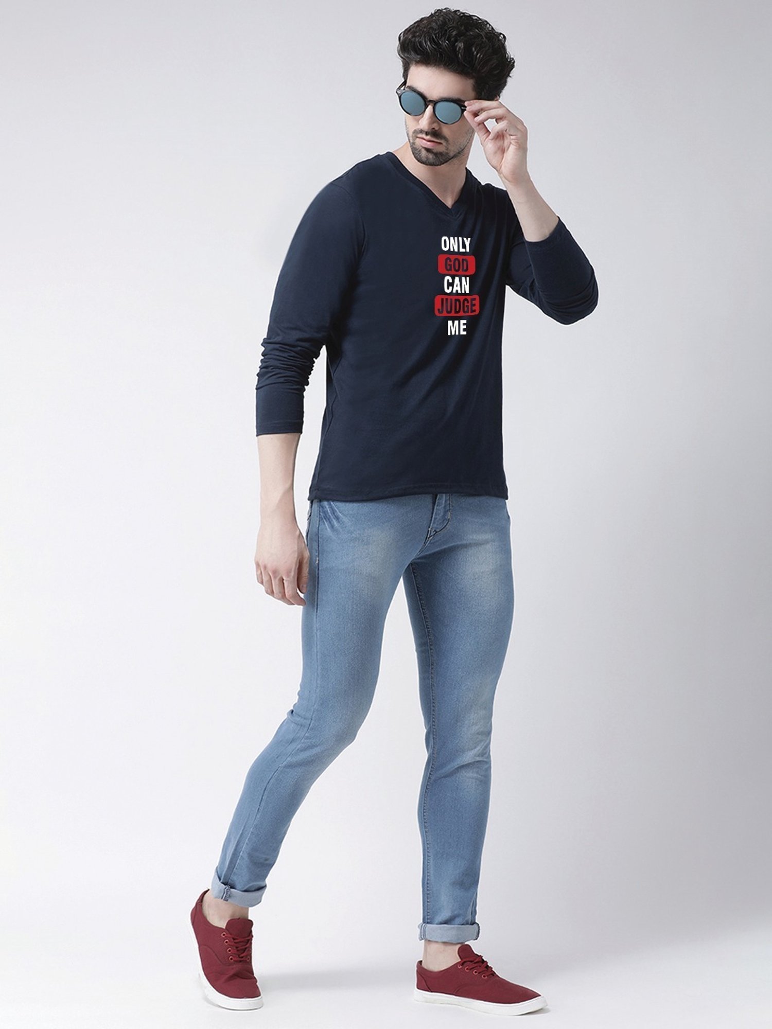 Friskers Navy Blue Cotton Slim Fit Printed T-Shirt