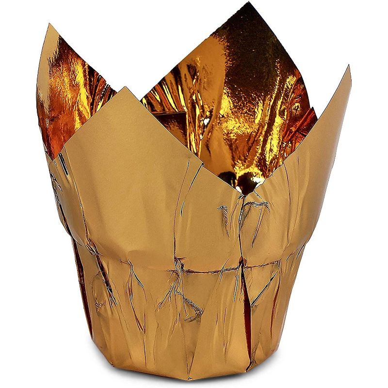 Sparkle and Bash 100 Pack Gold Tulip Cupcake Liners, Foil Muffin Wrappers, Baking Cups (3.35 x 3.5 In)