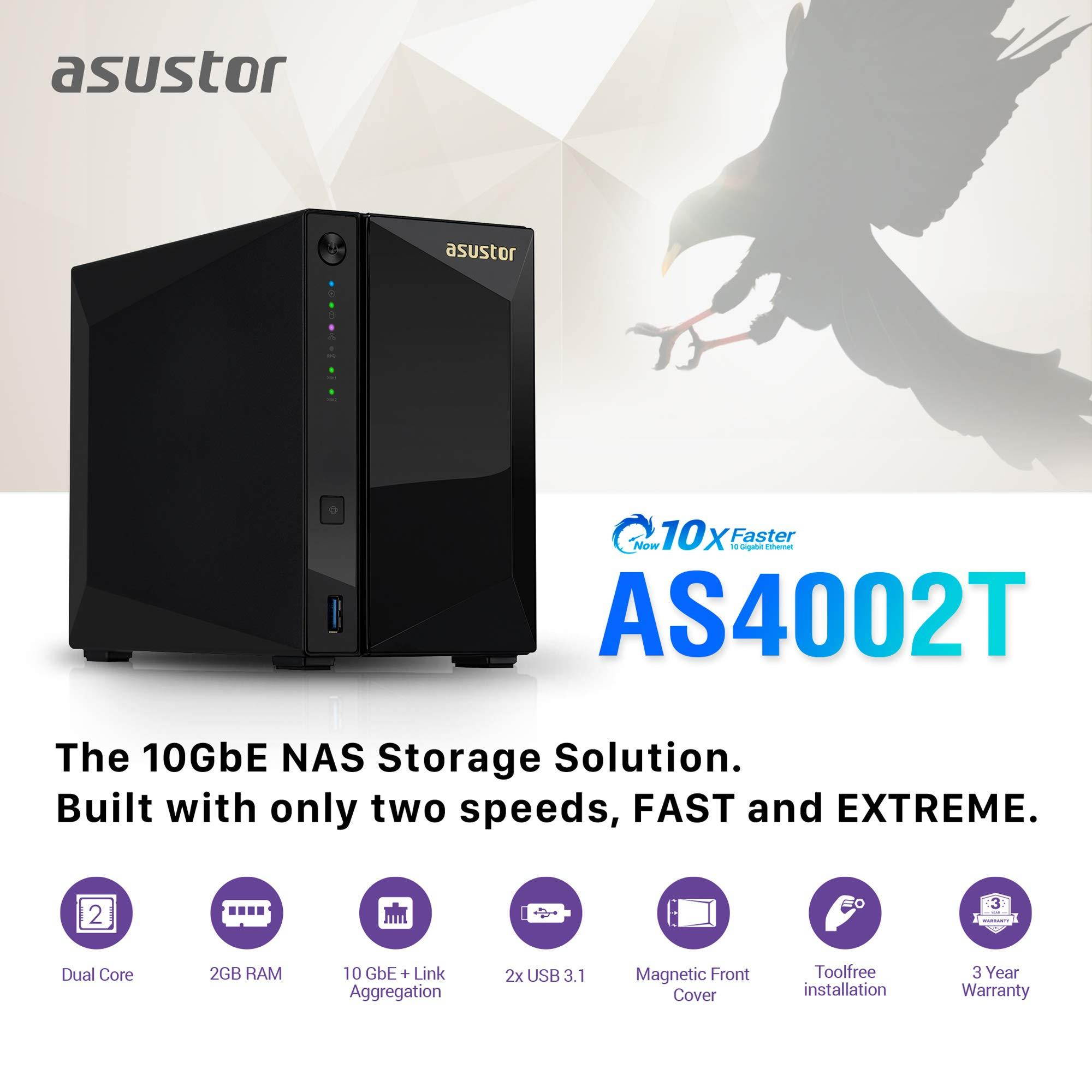 Asustor AS4002T | Network Attached Storage + Free exFAT License | Personal Private Cloud | Home Media Server | 10GbE Port, 1.6GHz Dual-Core, 2GB RAM DDR4 (2 Bay NAS)