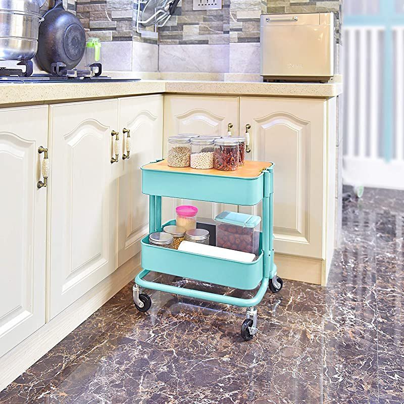 Metal Utility Rolling Cart Storage Side End Table with Cover Board for Office Home Kitchen Organization, Turquoise