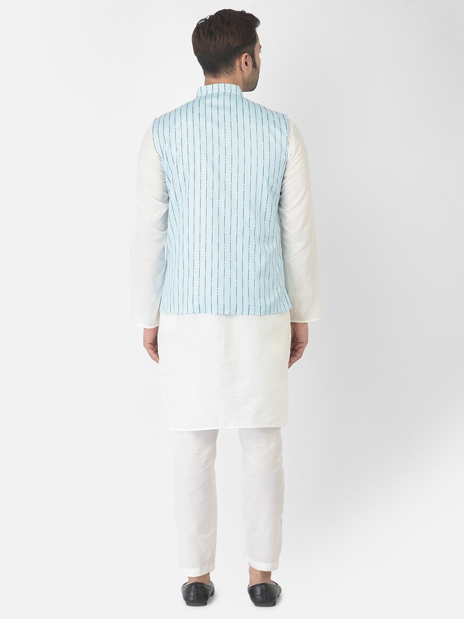 Deyann Blue & White Cotton Regular Fit Striped Kurta Set With Jacket