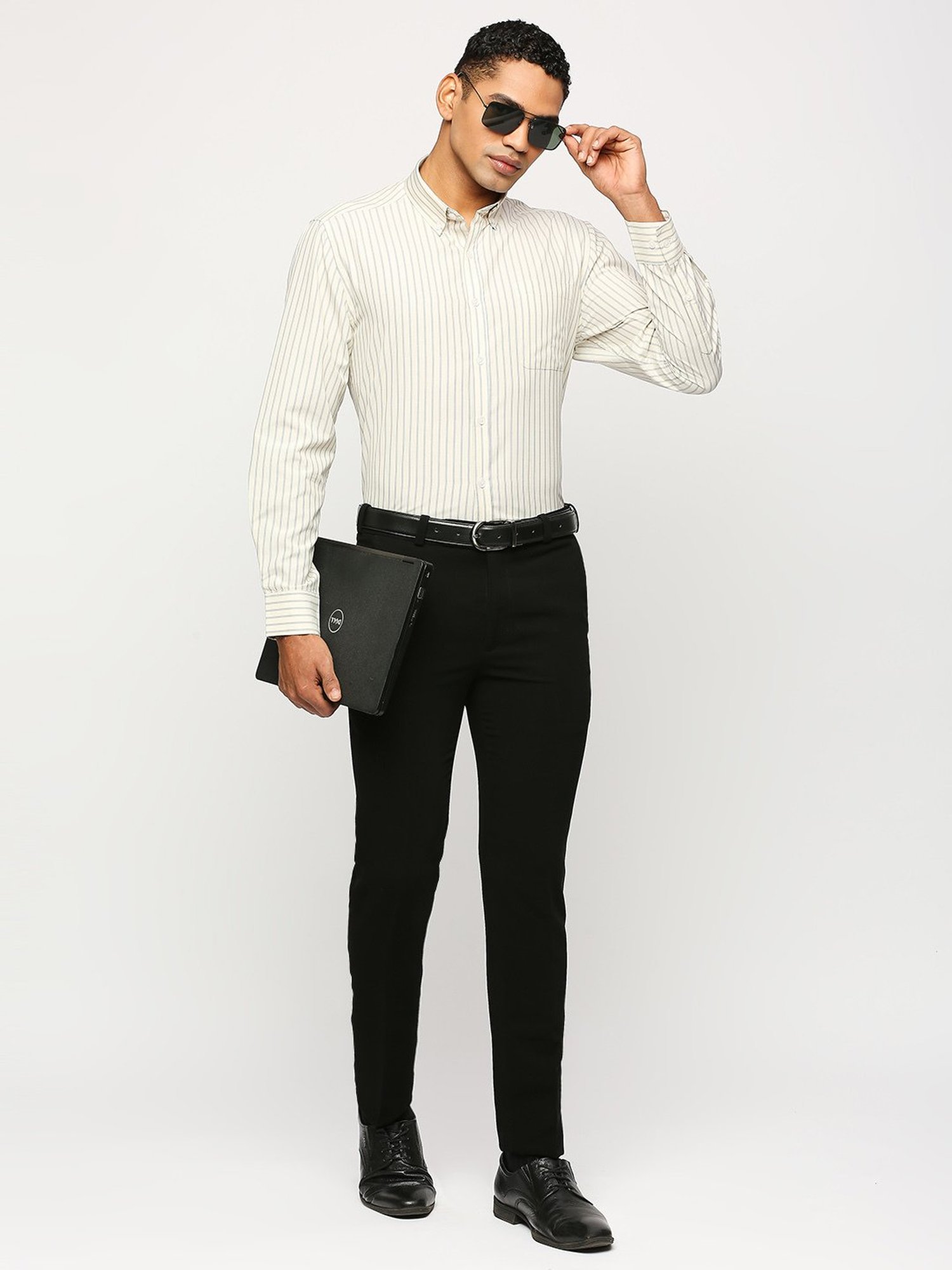 SOLEMIO Off White Regular Fit Striped Shirt