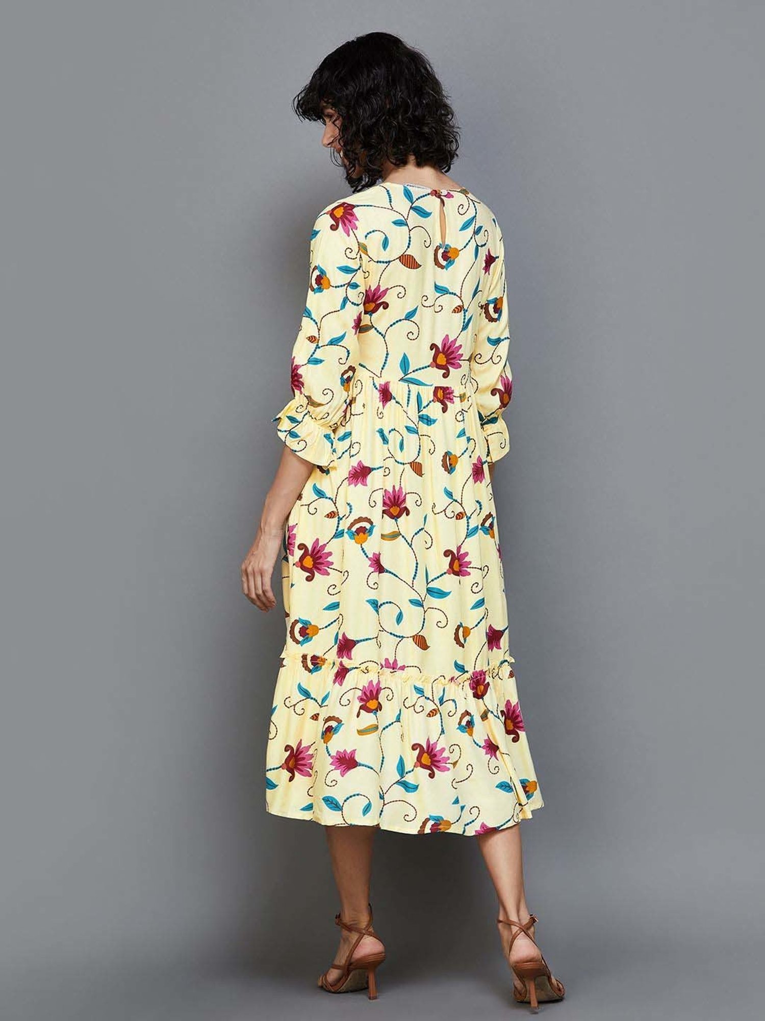 Colour Me by Melange Yellow Printed A-Line Dress