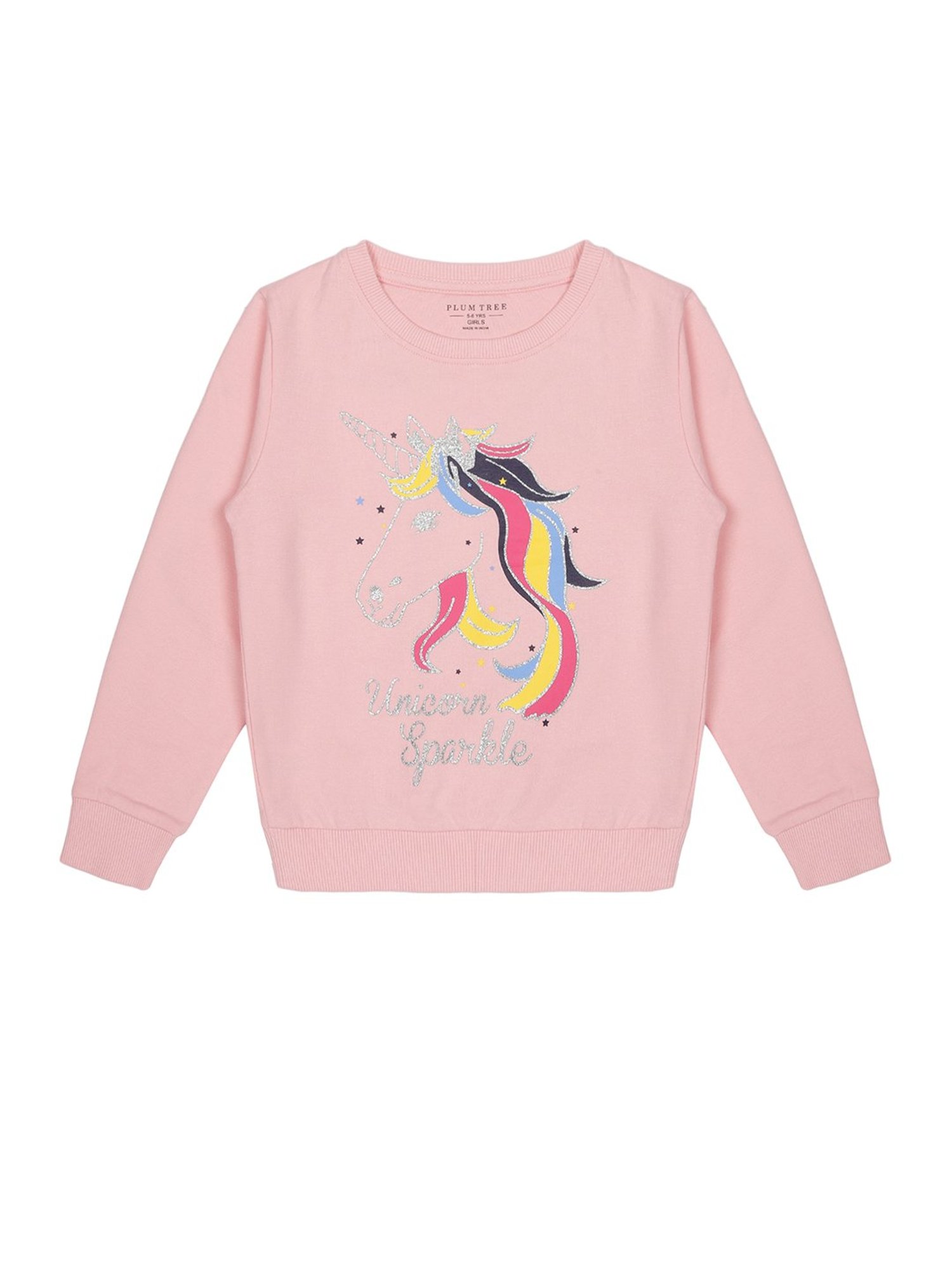 Plum Tree Kids Pink Unicorn Print Full Sleeves Sweatshirt