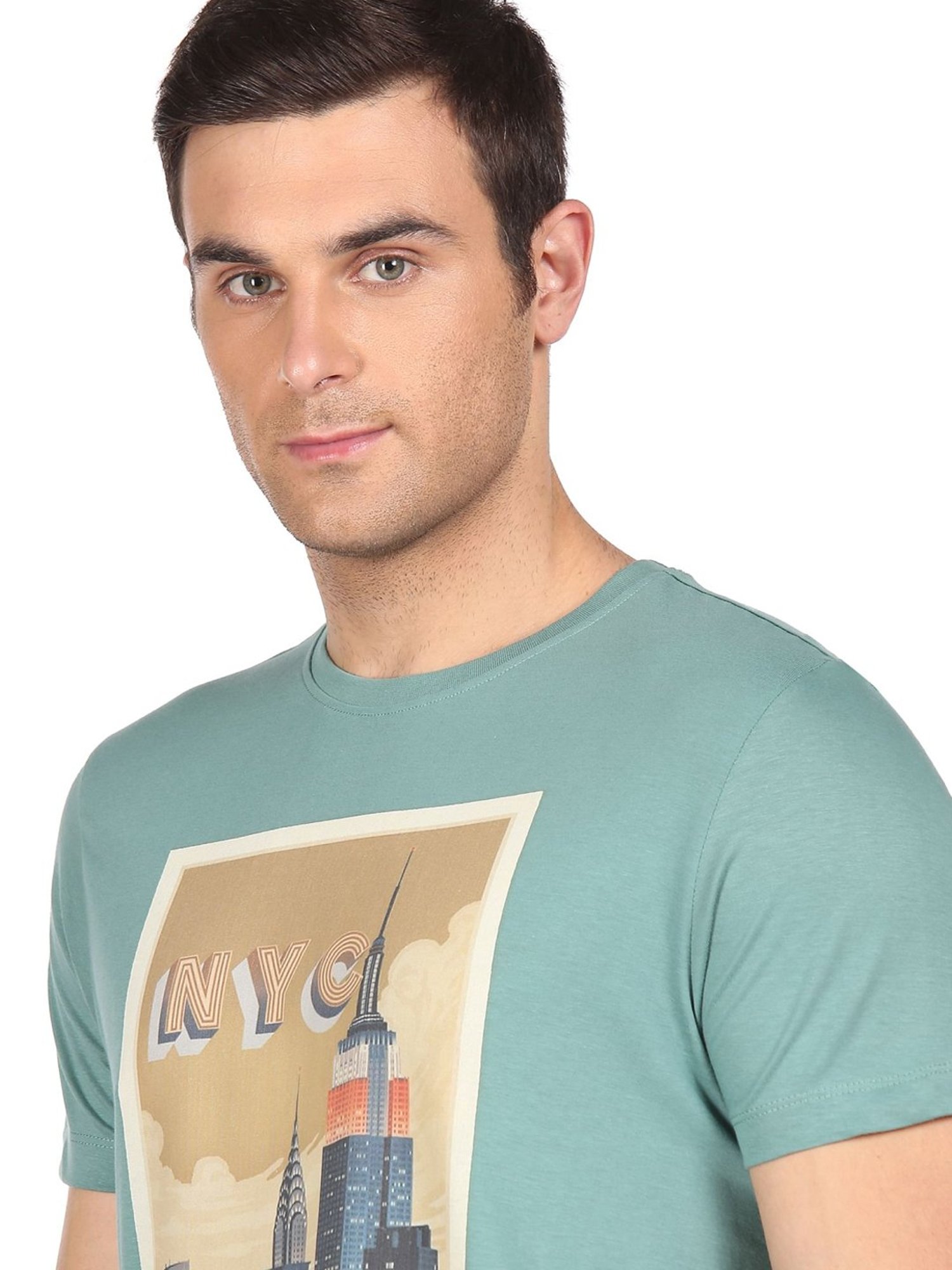 Arrow New York Green Cotton Regular Fit Printed T-Shirt