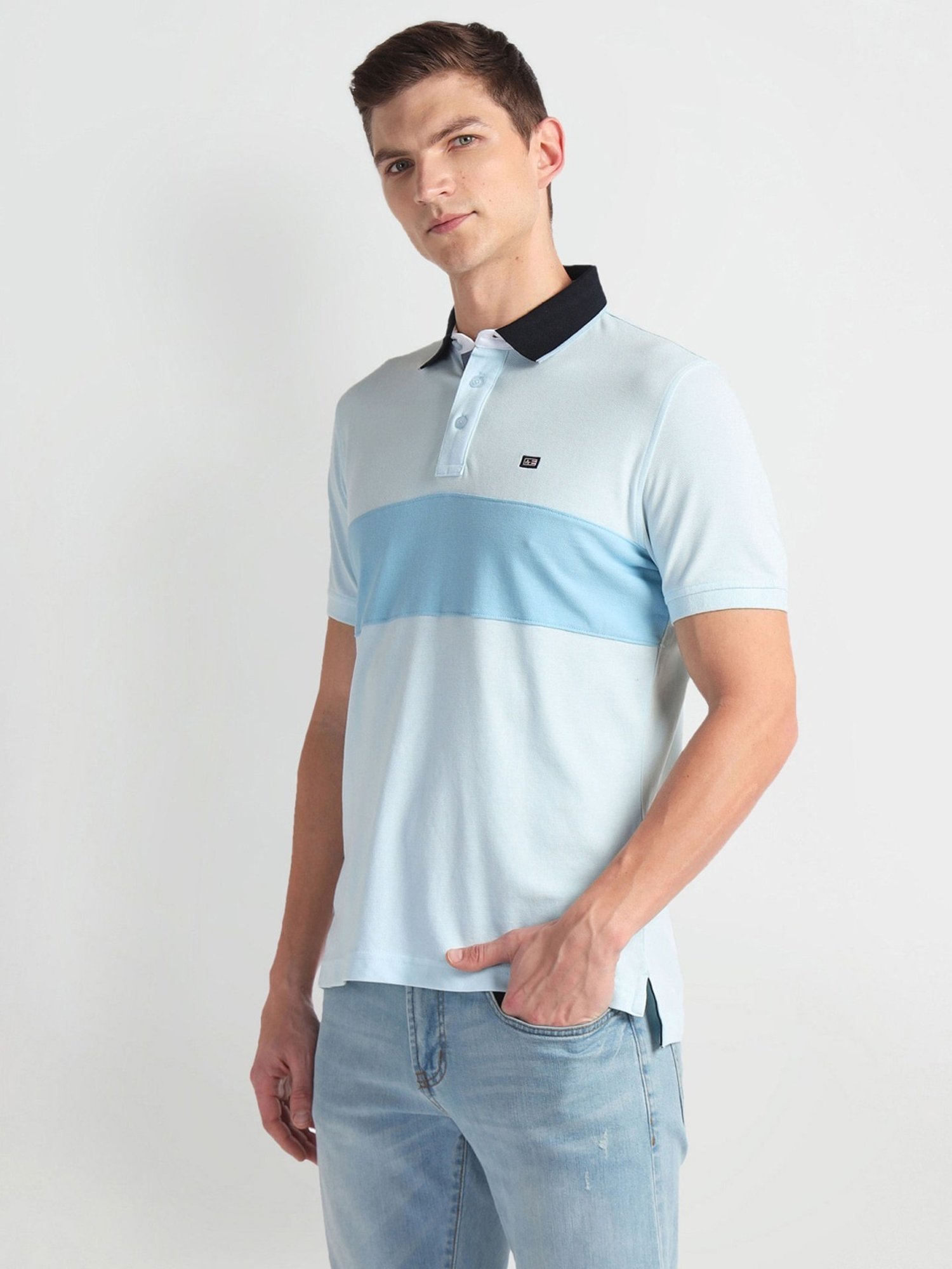 Arrow Sports Blue Cotton Regular Fit Self Pattern Polo T-Shirt