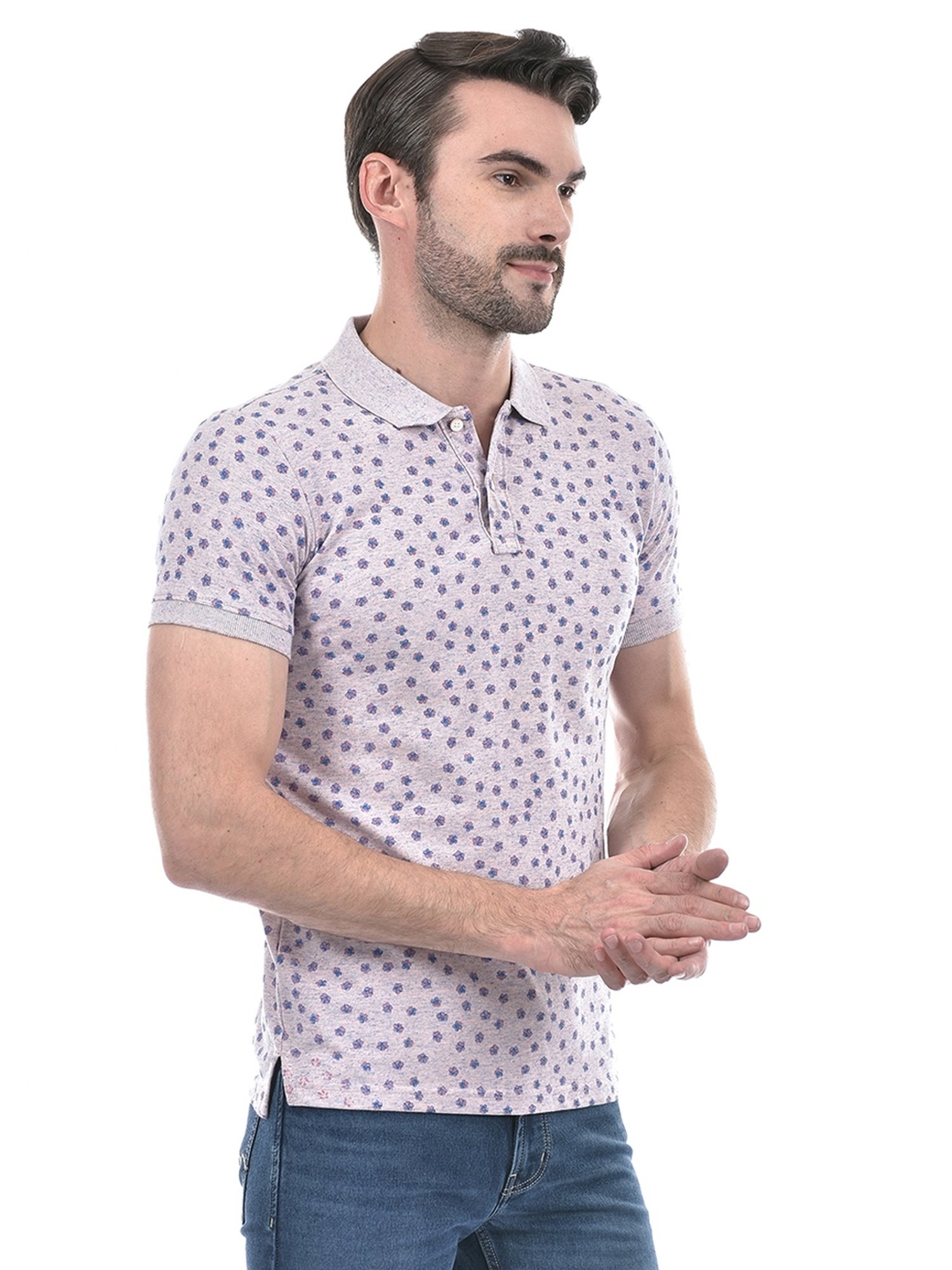 Numero Uno Pink Cotton Regular Fit Floral Print Polo T-Shirt