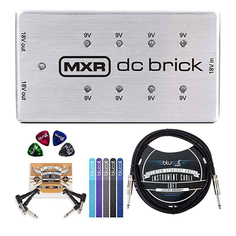 MXR M237 DC Brick Power Supply Bundle with AC Adapter,  10-FT Straight Instrument Cable (1/4in), 2-Pack of Pedal Patch Cables, 4-Pack of Celluloid Guitar Picks, and 5X Cable Ties