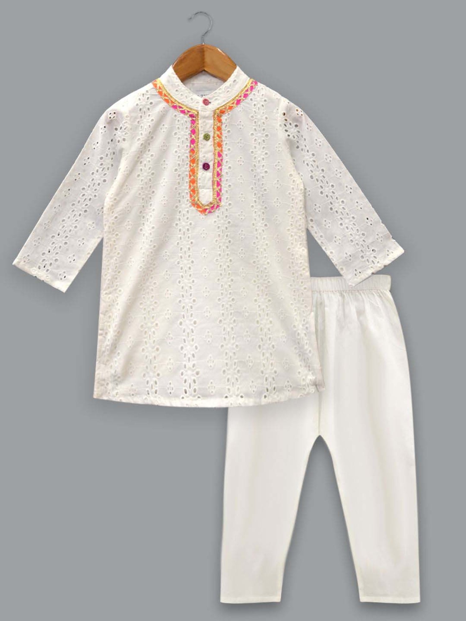A.T.U.N. Boys White Cotton Printed Full Sleeves Kurta Set