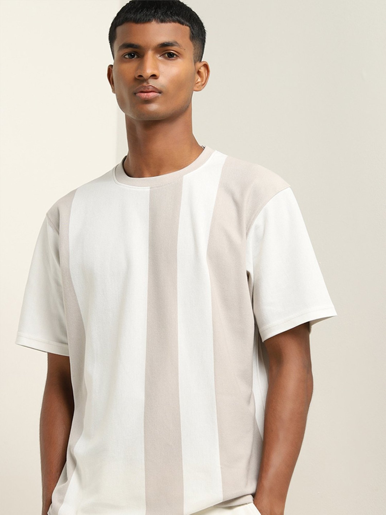 Nuon by Westside Beige Striped Regular-Fit T-Shirt