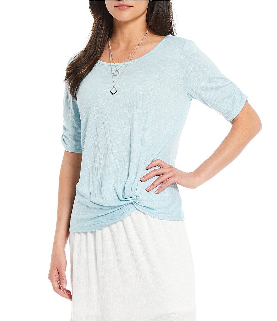 I.N. Studio Pucker Knit Ruched Short Sleeve Knot Front Detail Necklace Top