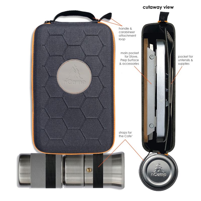 nCamp K2G Basic 5 Piece Compact Cooking Stove, Prep Surface Board, Cafe, and Case Outdoor Camping Set Bundle