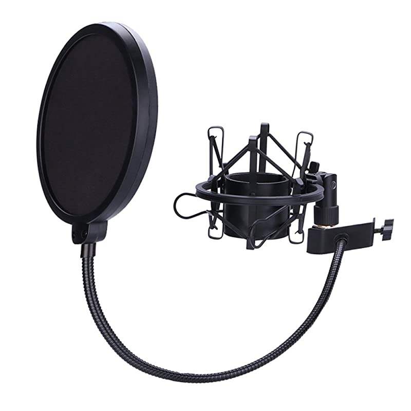 Shock Mount with 6 Inch Mic Round Shape Wind Pop Filter Mask Shield Mic AntiVibration Suspension Shock Mount Holder Clip for Diameter 18inches to 21 inches