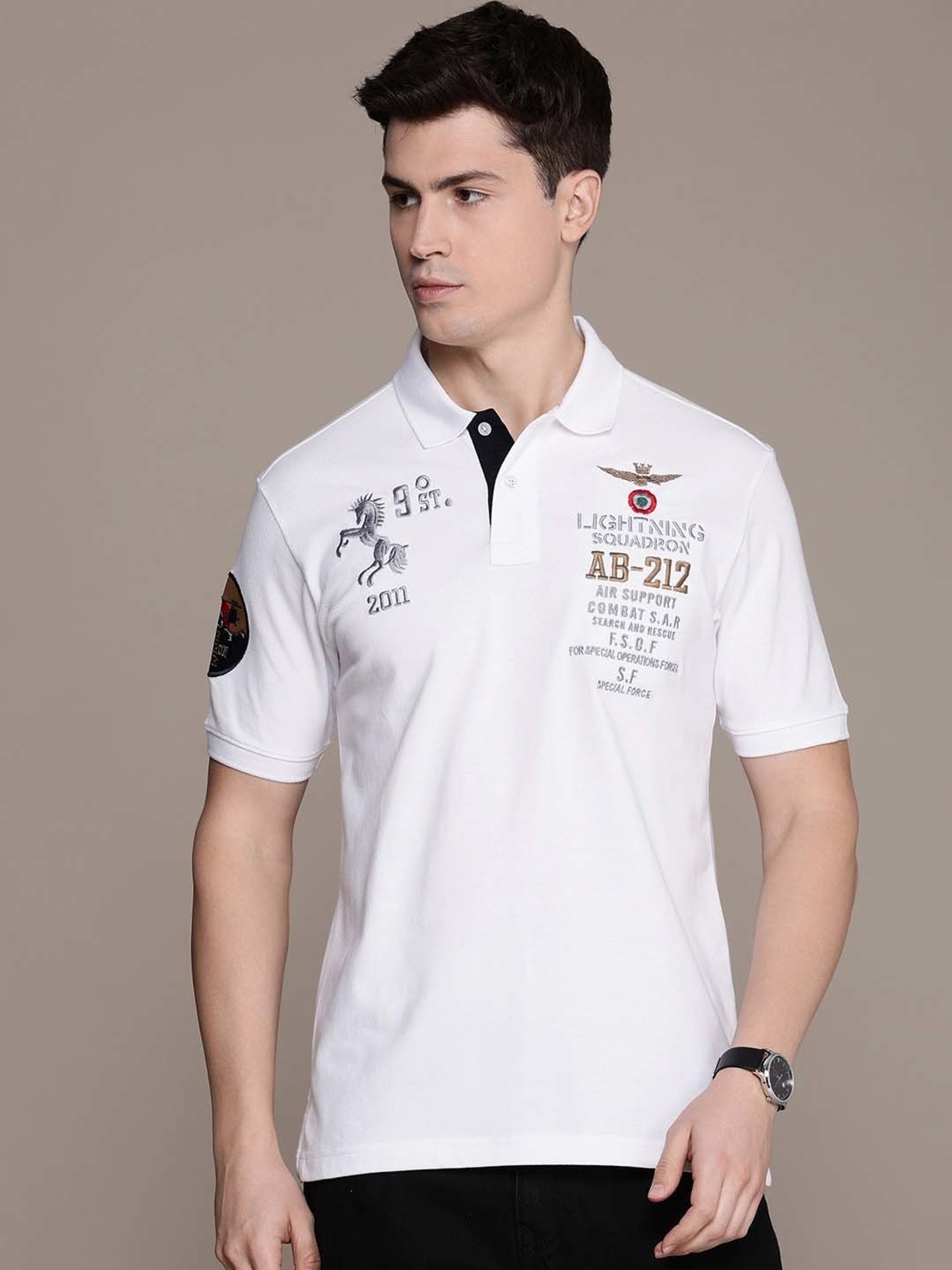 Burnt Umber White Regular Fit Printed Polo T-Shirt