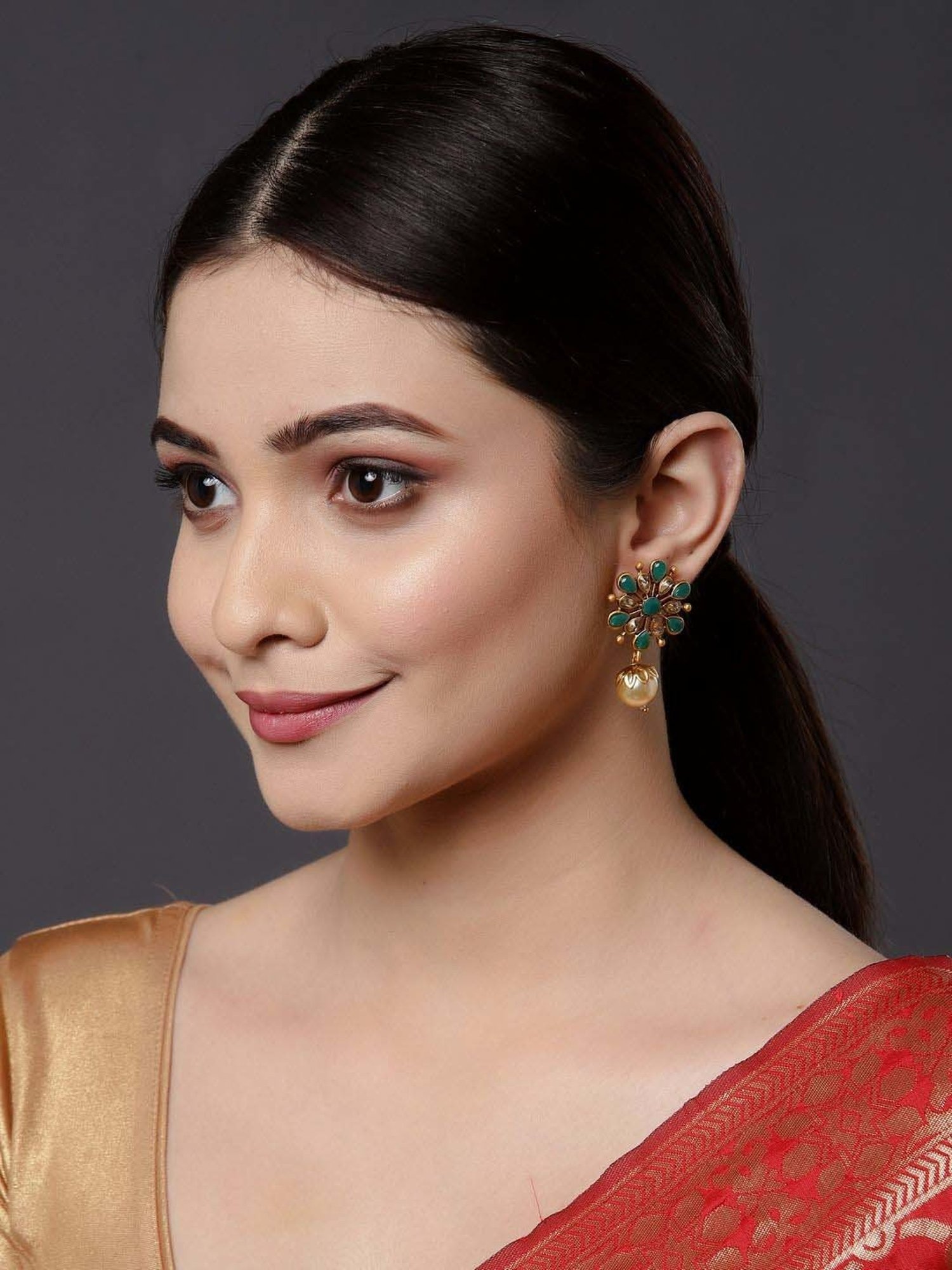 Panash Green Gold-Plated Floral Handcrafted Kundan Drop Earrings