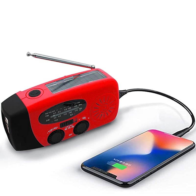 Emergency Solar Weather Radio Hurricane Supplies Earthquake Kit Hand Crank Self Powered AM/FM/WB NOAA Wind up Survival Radios LED Flashlight 1000mAh Power Bank for iPhone Smart Phone (Red)