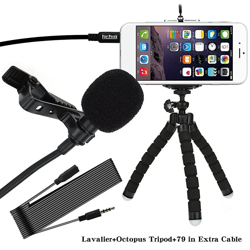 Lapel Microphone Clip On Omnidirectional Condenser Mic with Flexible Aluminum Phone Tripod For Apple iPhone Android Samsung and Smartphones