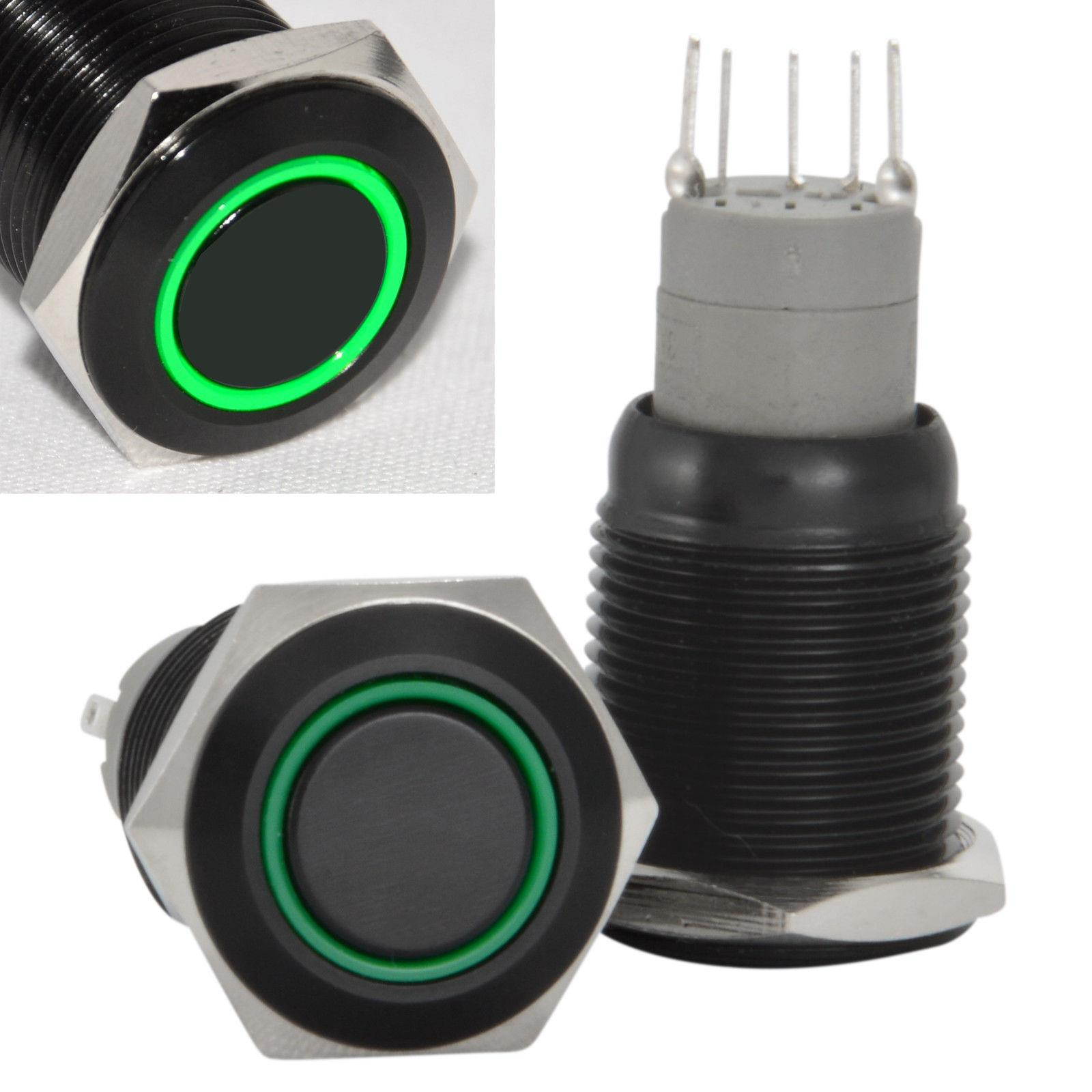 16mm Stainless Steel Latching Push Button Switch (Black with Green LED)
