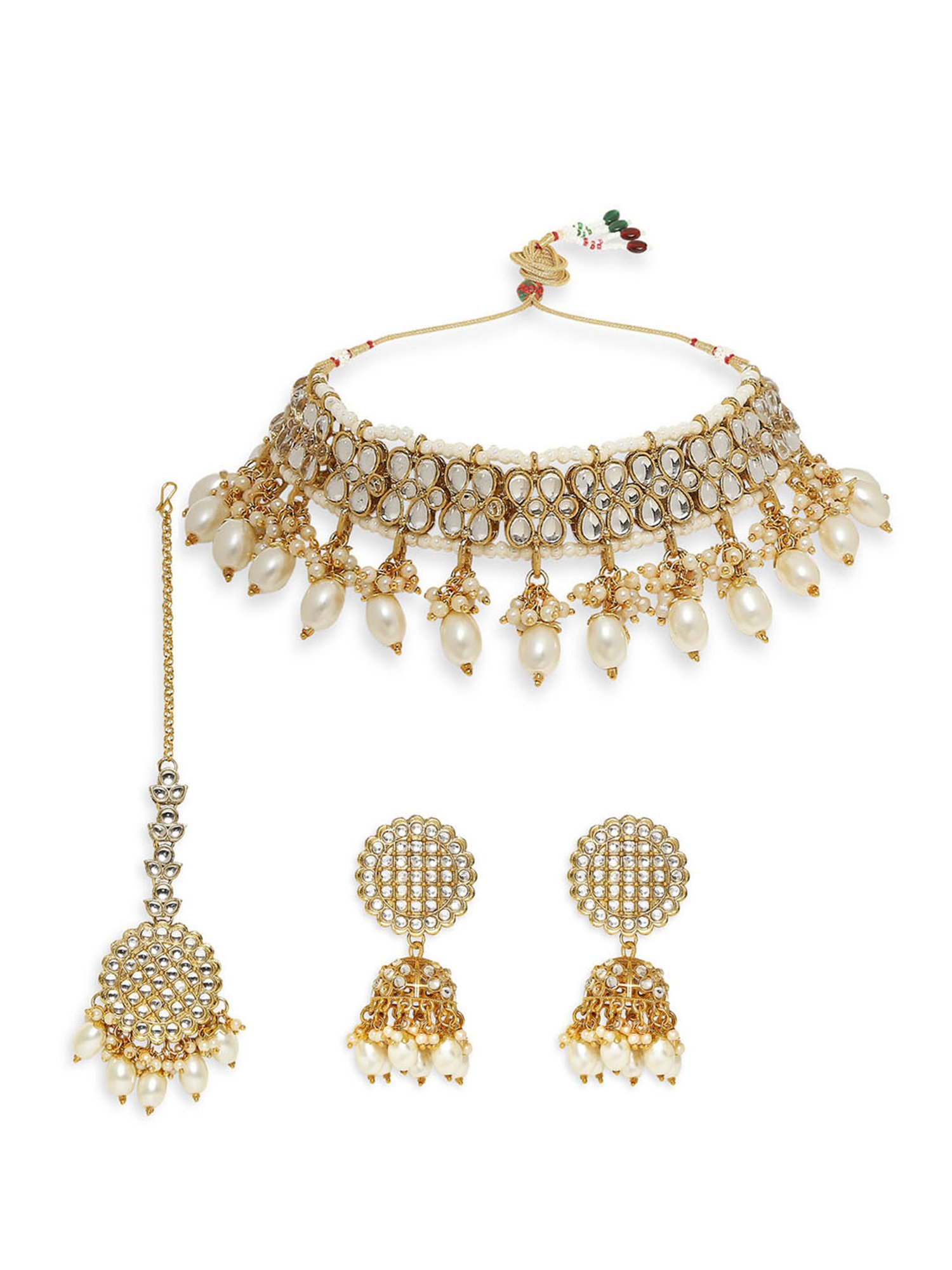 OOMPH Gold Tone Kundan & Pearls Choker Necklace Set with Jhumka Earrings & Maangtikka
