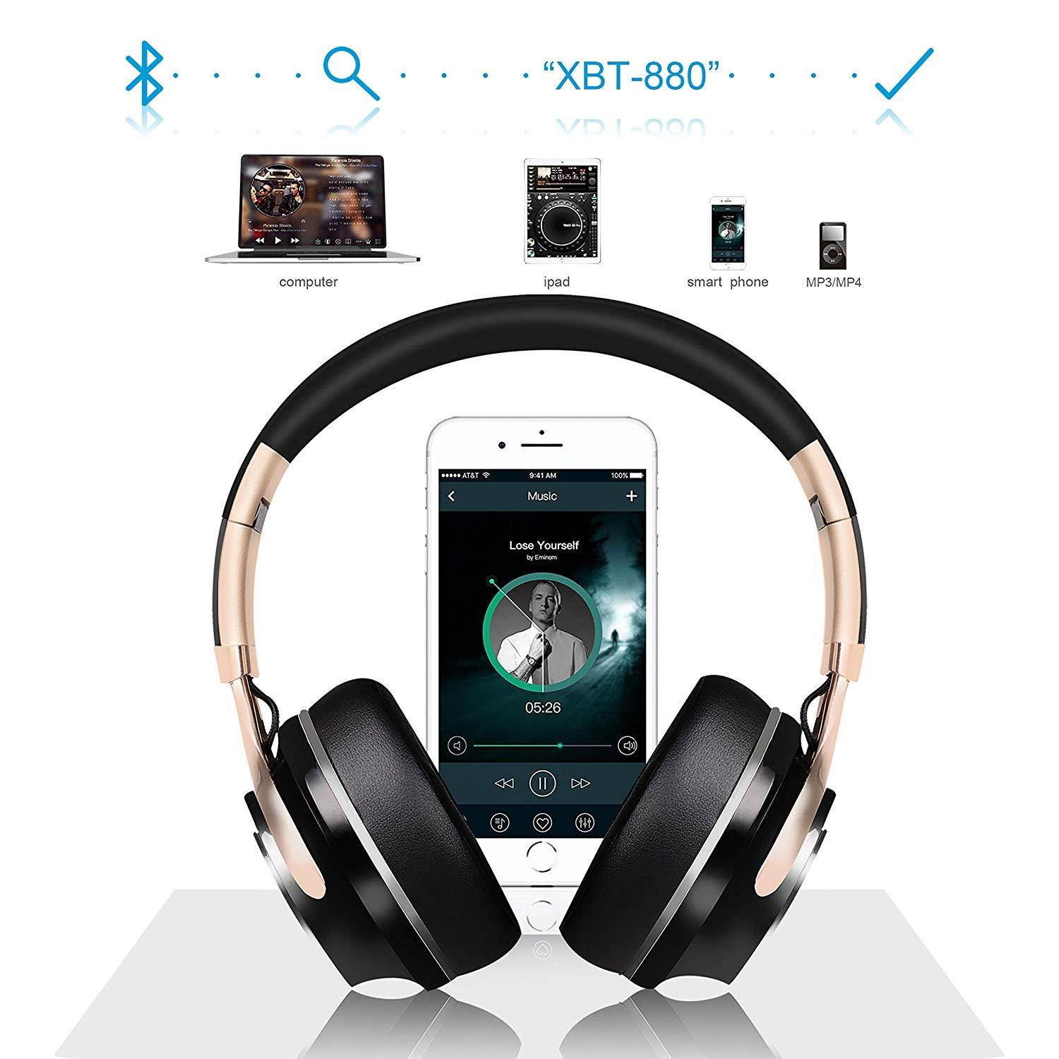 Bluetooth Headphones, Riwbox XBT-880 Wireless Bluetooth Headphones Over Ear with Microphone and Volume Control Wireless and Wired Foldable Headset for iPhone/iPad/ PC/Cell Phones/TV (Black&Gold)