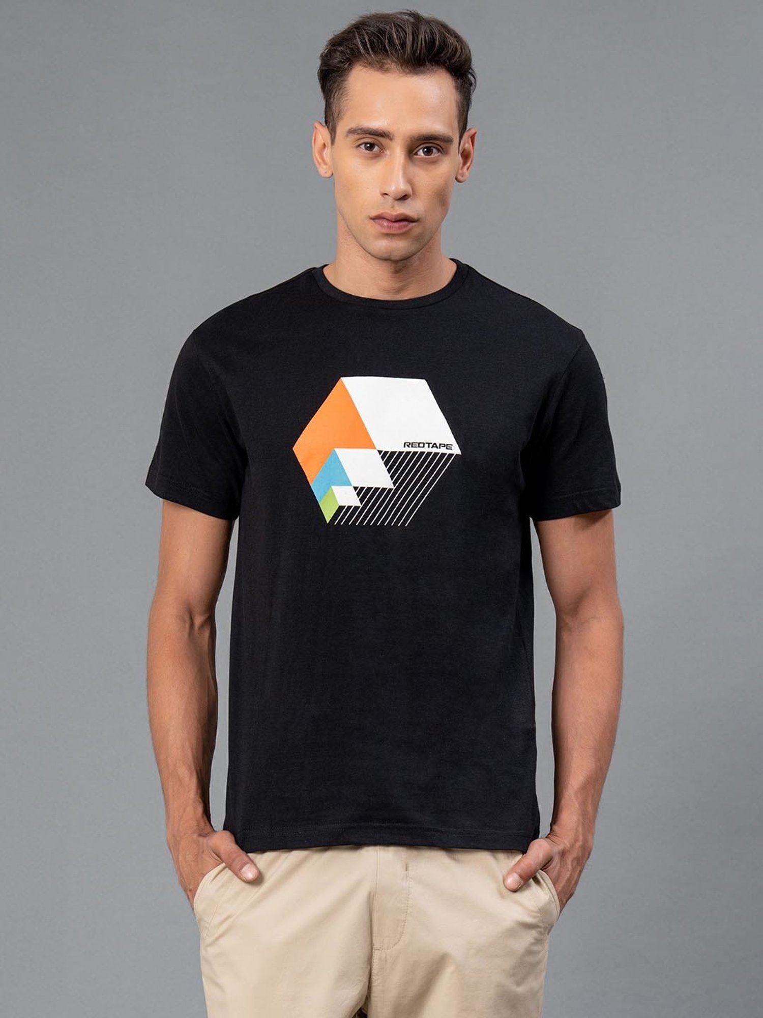 Red Tape Black Regular Fit Graphic Print Cotton Crew T-Shirt