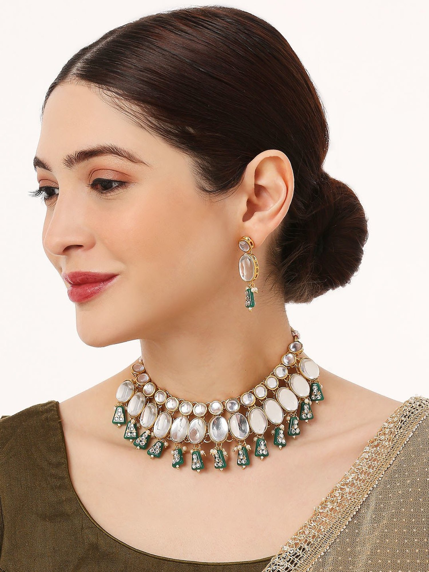 OOMPH Green Beads & Kundan Heavy Ethnic Jadau Choker Necklace Set with Drop Earrings