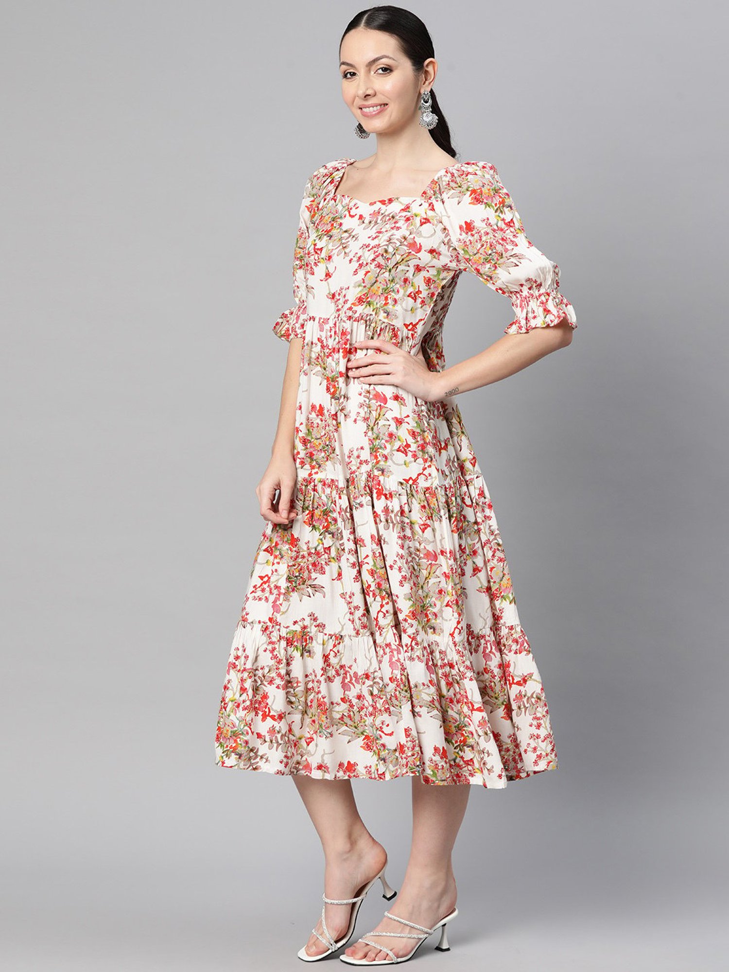 Saffron Threads Black Cotton Floral Print Ethnic Dress