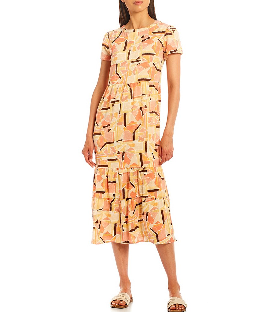 Sugarlips Geo Print Short Sleeve Shift Midi Dress