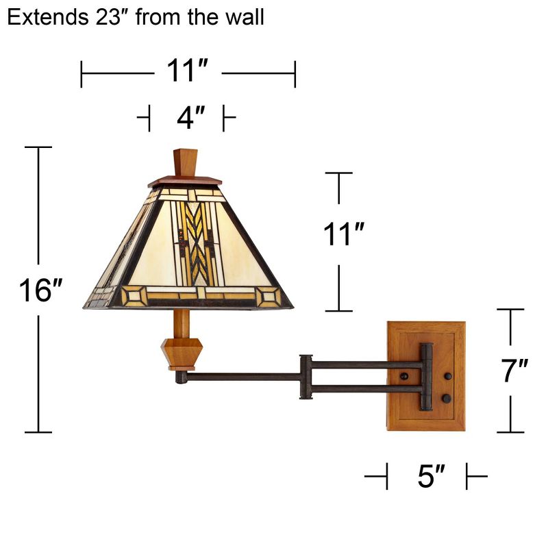 Robert Louis Tiffany Mission Swing Arm Wall Lamp Walnut Wood Plug-In Light Fixture Stained Glass for Bedroom Bedside Living Room
