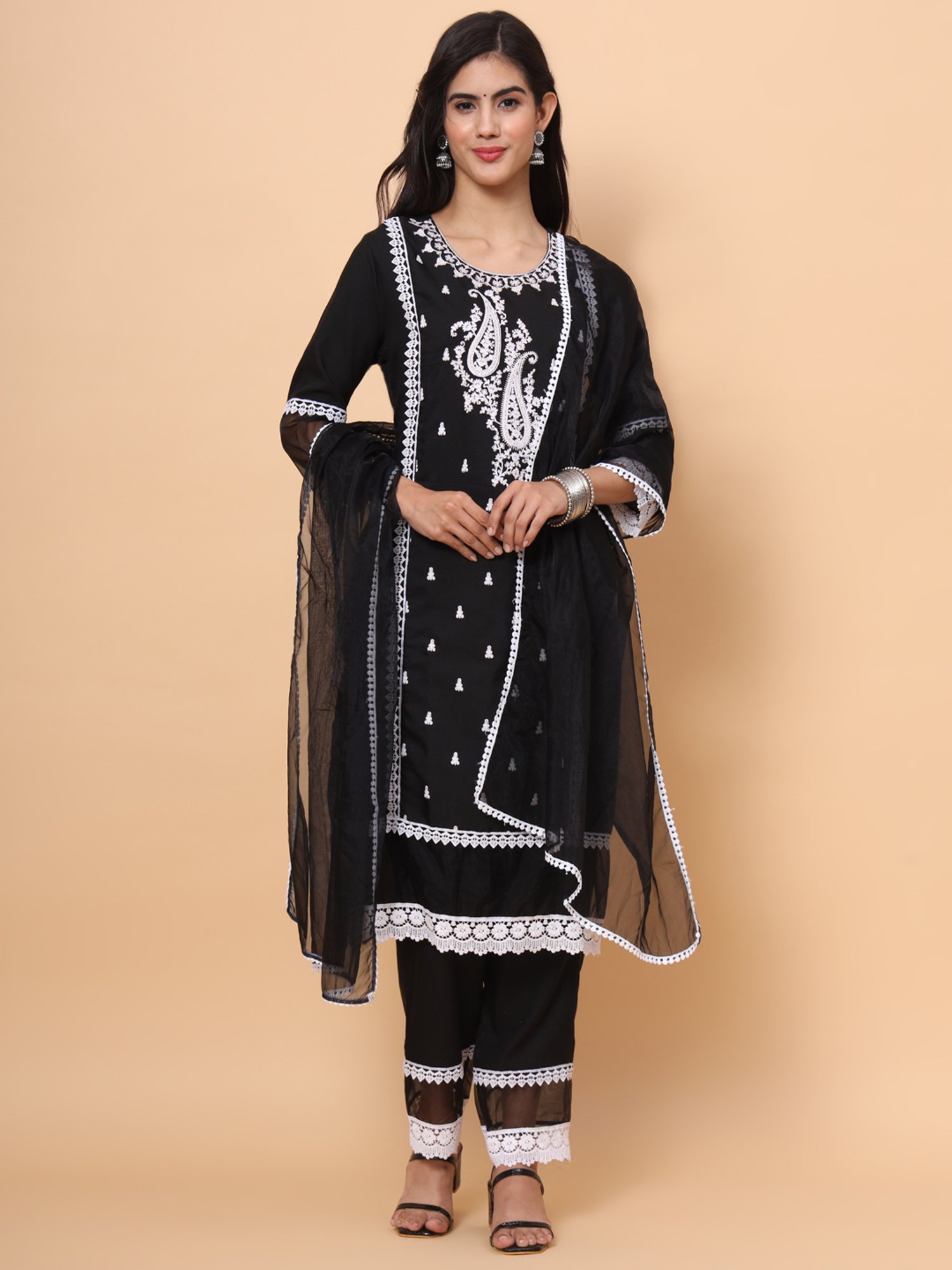 SWAGG INDIA Black Embroidered Kurta Pant Set With Dupatta