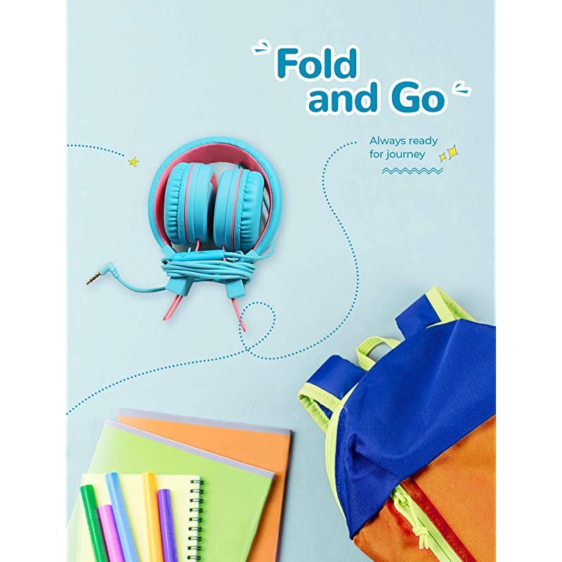 HS14 Kids Headphones with Microphone, Headphones for Kids with 94dB Volume Limited for Boys Girls, Adjustable Headband, Foldable, Child Headphones for Study Tablet Airplane School-Blue,Pink