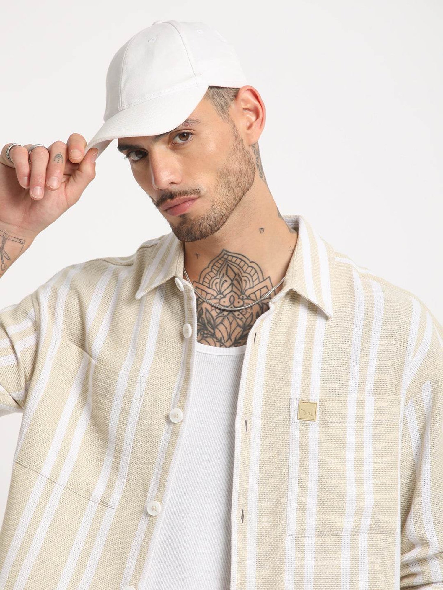 The Bear House Beige Regular Fit Striped Shirt