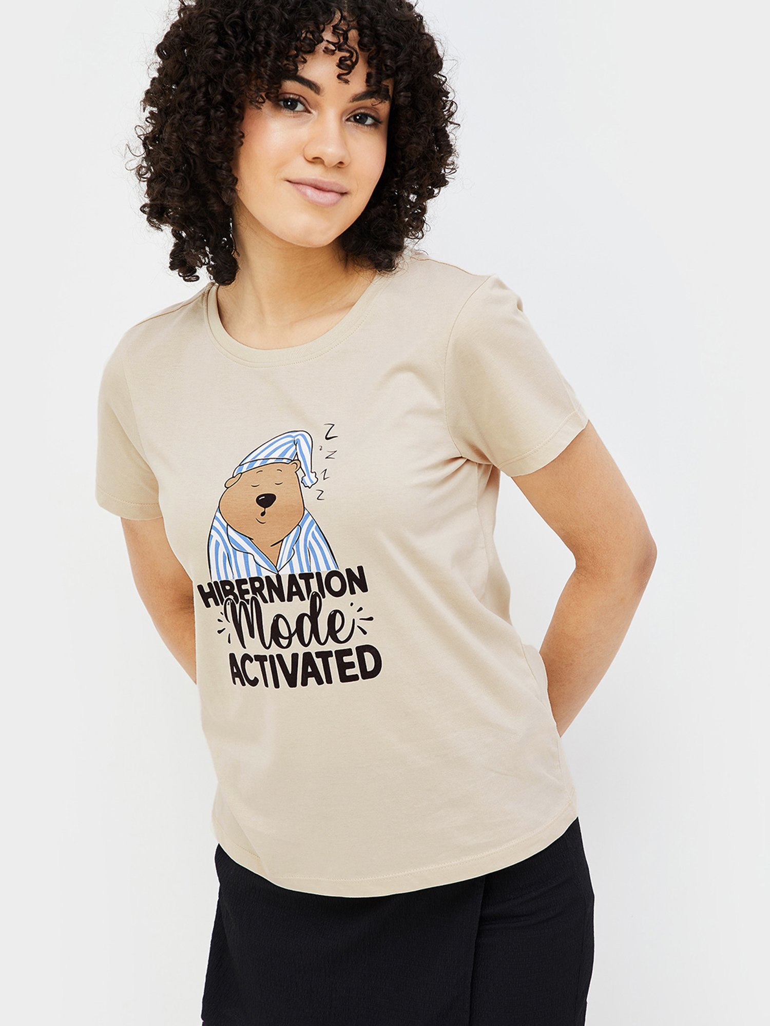 Ginger by Lifestyle Beige Graphic Print T-Shirt
