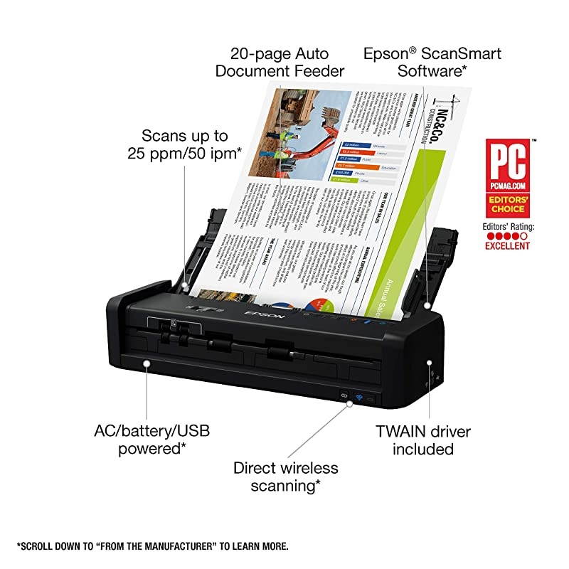 WorkForce ES-300W Wireless Color Portable Document Scanner with ADF for PC and Mac, Sheet-fed and Duplex Scanning