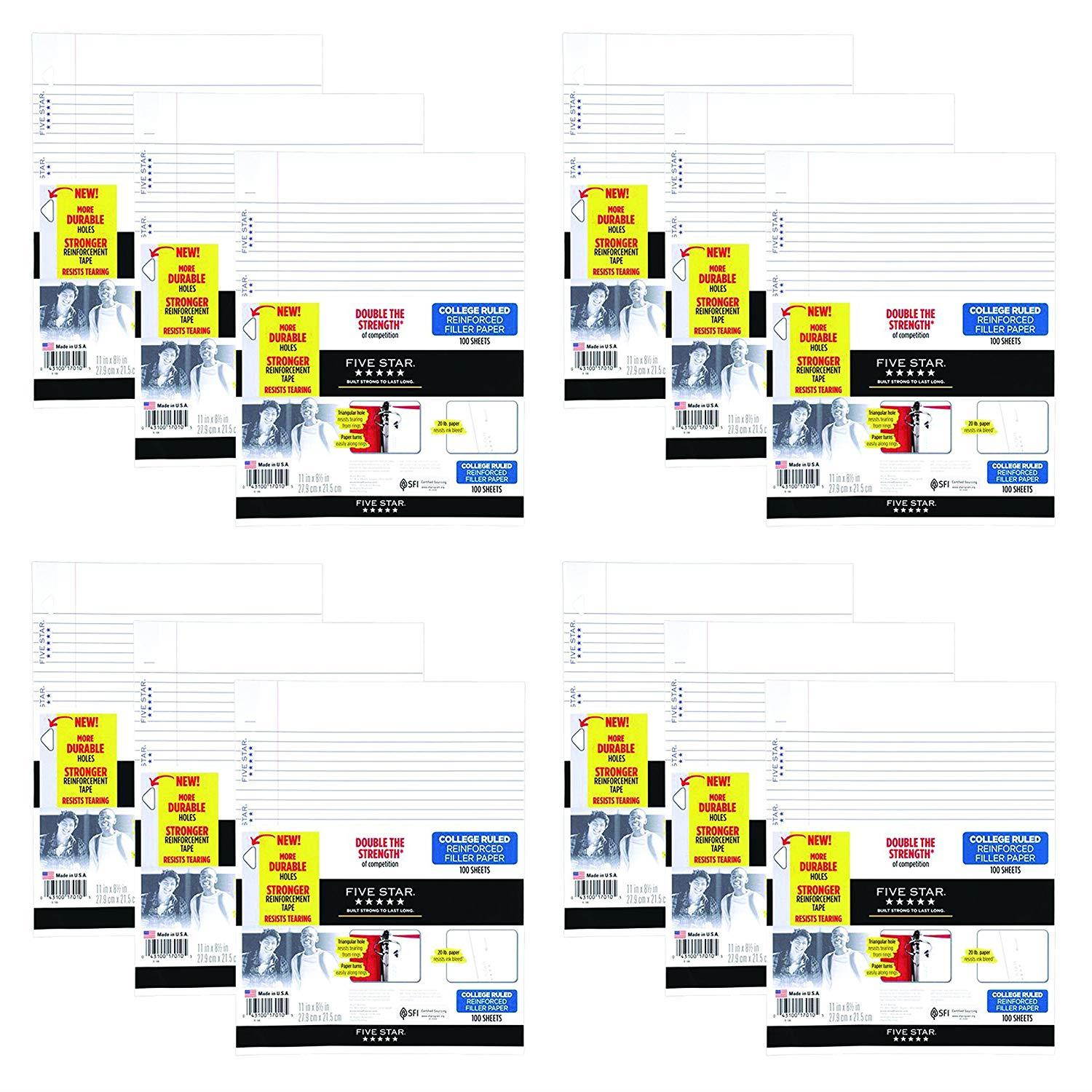 Five Star Loose Leaf Paper, 3 Hole Punched, Reinforced Filler Paper, College Ruled, 11" x 8-1/2", 100 Sheets/Pack, 12 Pack (72855)