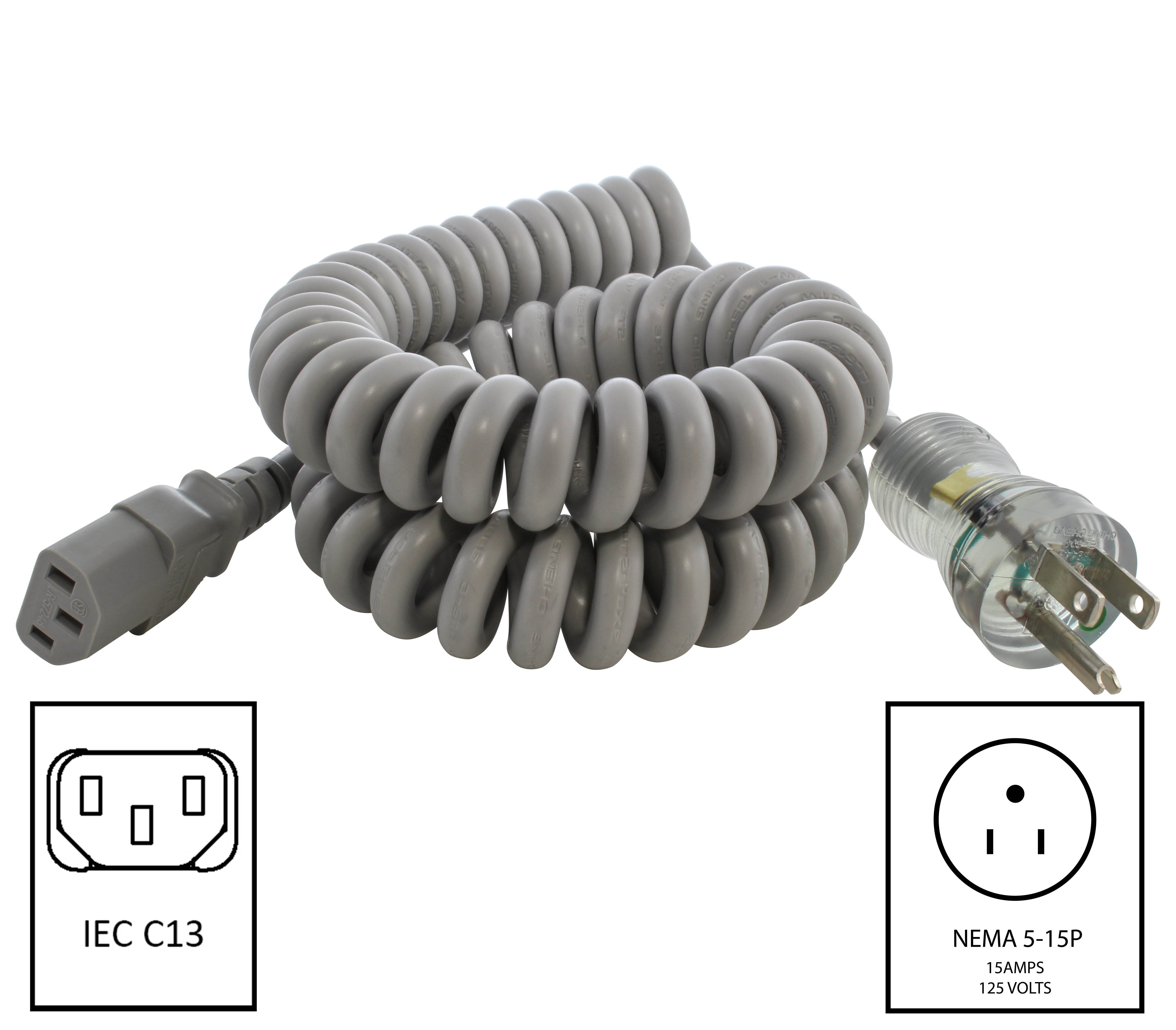 UP to 6.5ft 10A 18/3 Coiled Medical Grade Power Cord With C13 Connector