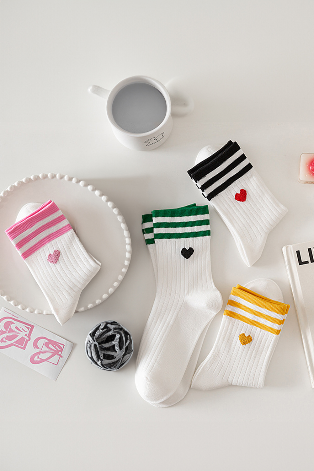 White Heart Striped Cotton Crew Socks 4pcs