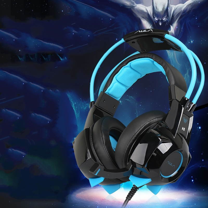 AULA X8 USB Wired Cool LED  Gaming Headset 7.1 Low Deep Bass Built-in Microphone, 50mm Unit Game headphone With Noise Cancelling  for Laptop Computer Game,  4D Virtual Speaker, Blue and White